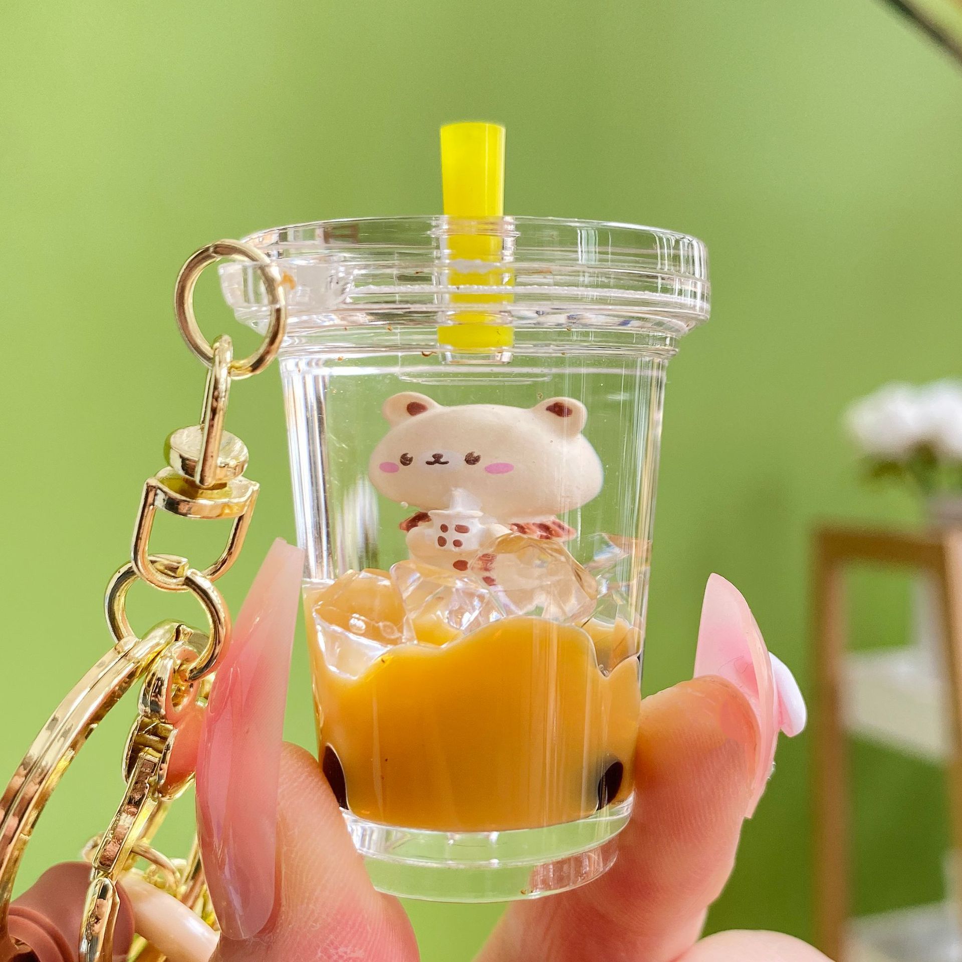 Acrylic Oil Floating Bubble Tea Bear Key Chain Creative Liquid Quicksand Keychain Schoolbag Small Pendant