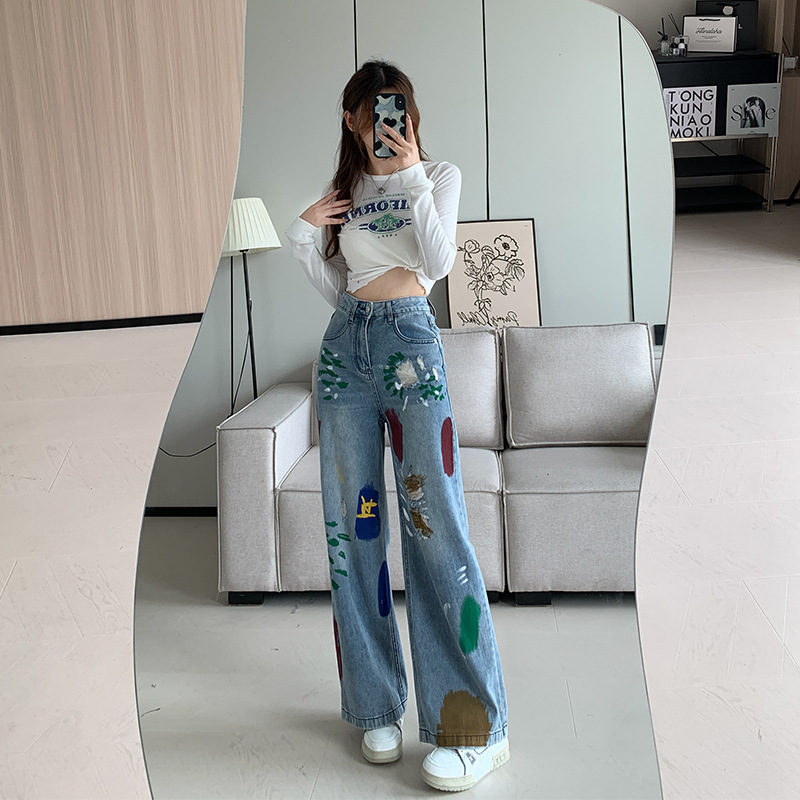 2023 Autumn Color Blooming Graffiti Spray Paint Ripped Jeans Women's High Waist Slimming and Straight Wide Leg Mop Pants