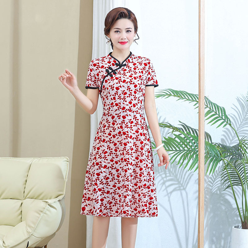 2024春夏季新款中老年女装妈妈装新中式国风旗袍领连衣裙通勤款