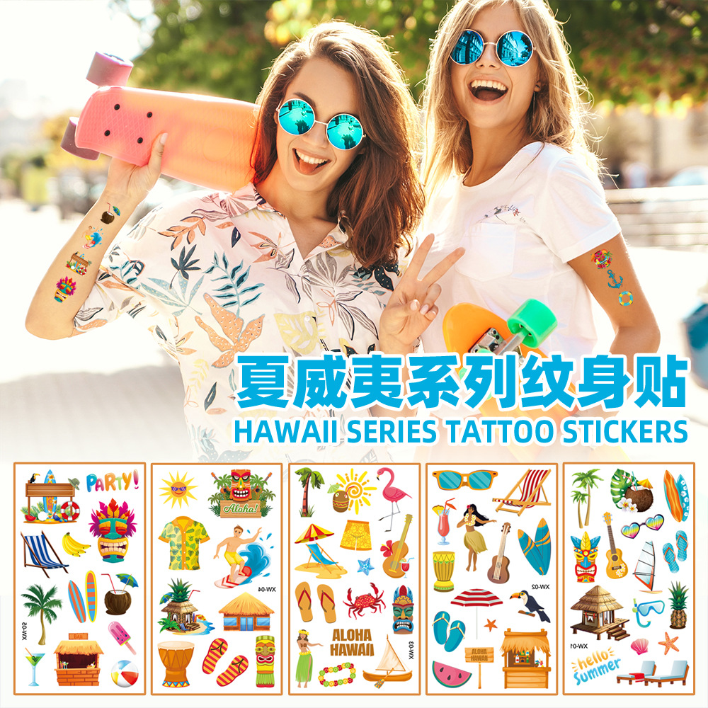 跨境新款夏季夏威夷纹身贴防水儿童卡通沙滩个性临时贴纸tattoo