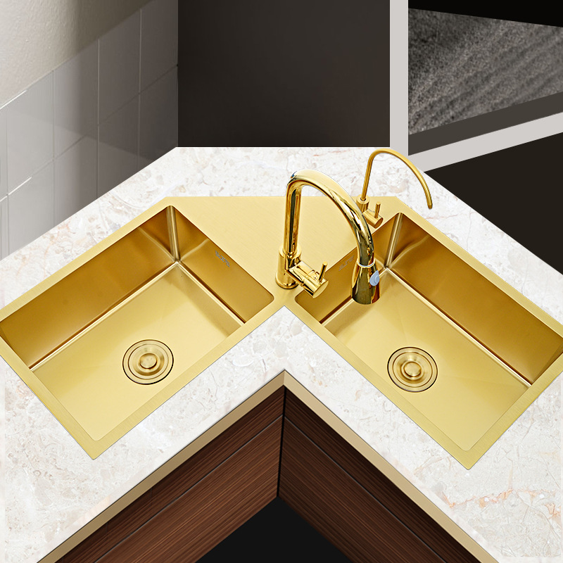 Nano Golden Corner Sink Large Double Slot Kitchen Vegetable Basin Golden Corner Shaped Handmade Scullery Stainless Steel