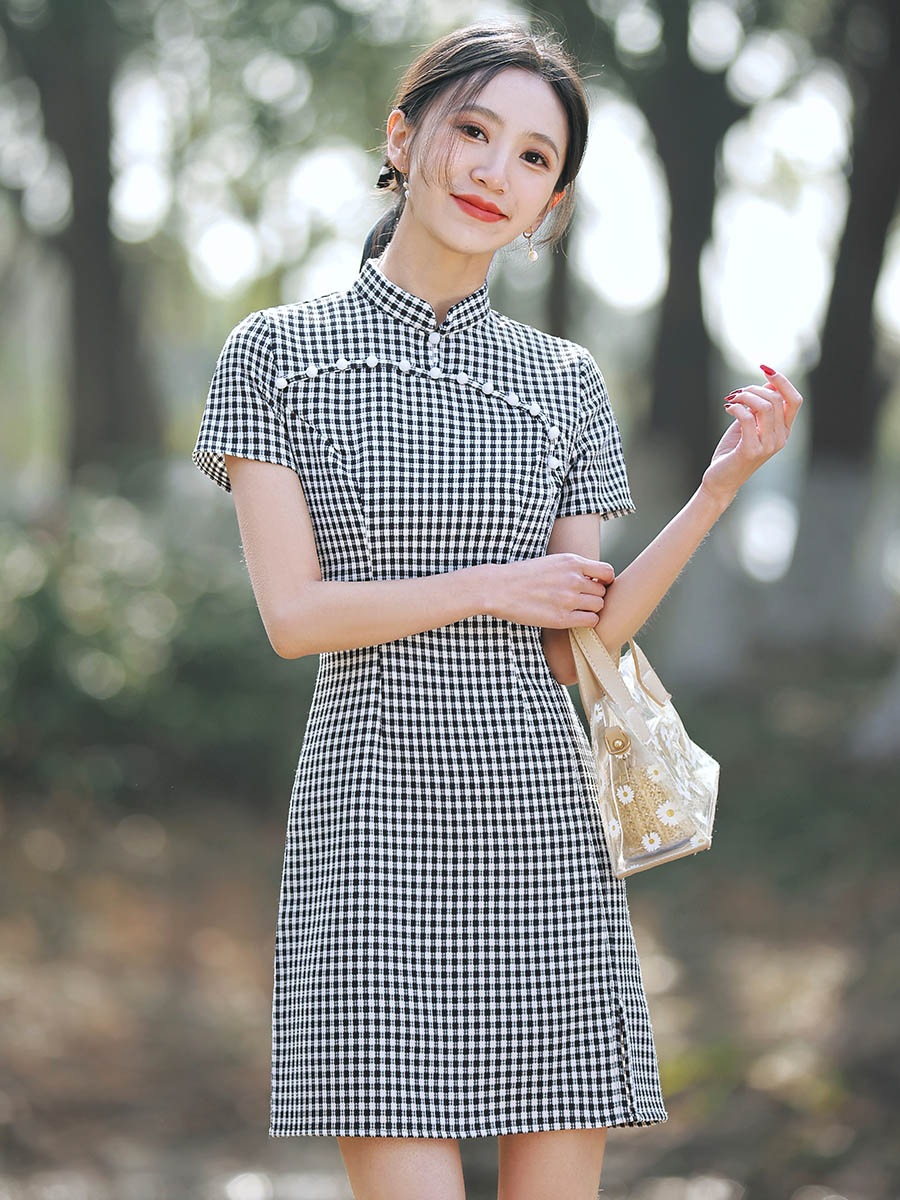 小个子立领旗袍黑色夏季短款女孩少女改良版短旗袍女连衣裙-阿里巴巴