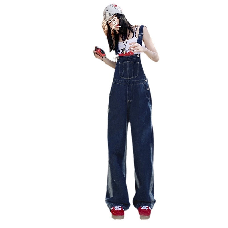 Korean Style Suspender Jeans for Women 2024 Spring New Gradient Color Loose Straight Age-Reducing Wide-Leg Suspender Pants for Women Fashion