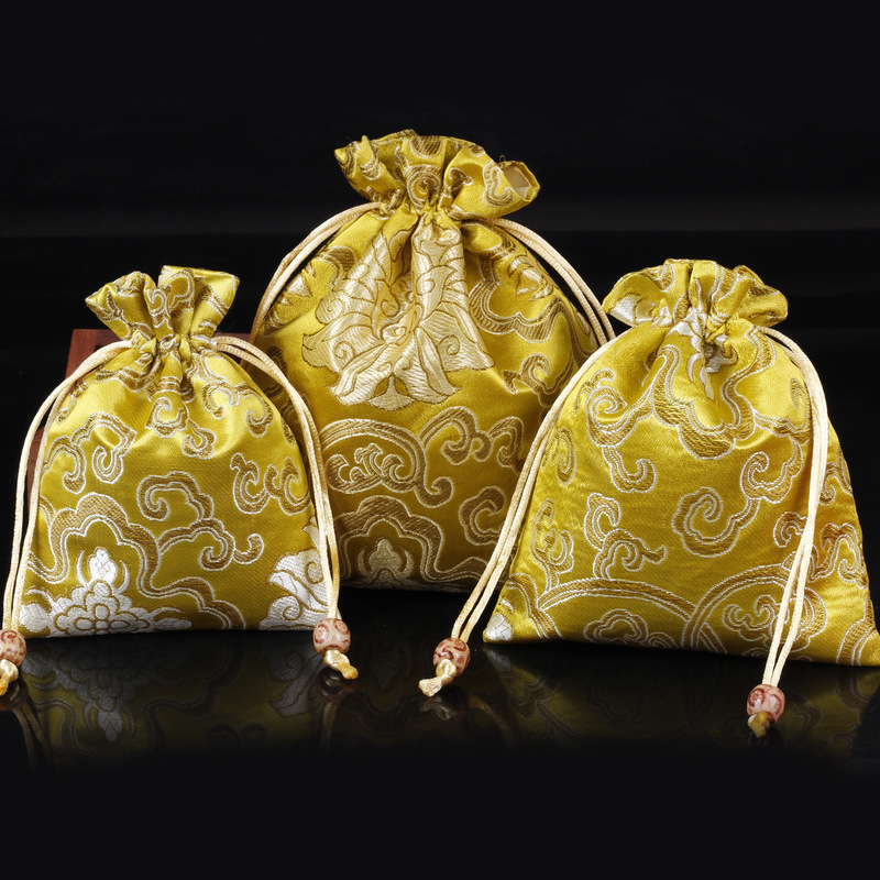 香囊挂件复古香包刺绣金黄富贵花中式收纳袋珠宝袋佛珠袋16*19