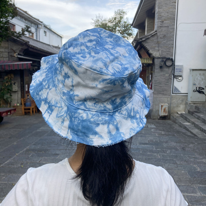 2021新植物染蓝染渔夫帽碎须盆帽旅游遮阳帽扎染圆顶帽子男帽女帽