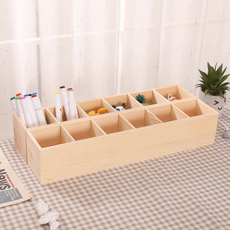 Brush Storage Box Wood Art Studio Watercolor Pen Crayon Pencil Area Small Class Solid Wood Multi-Functional Lattice Wooden Box