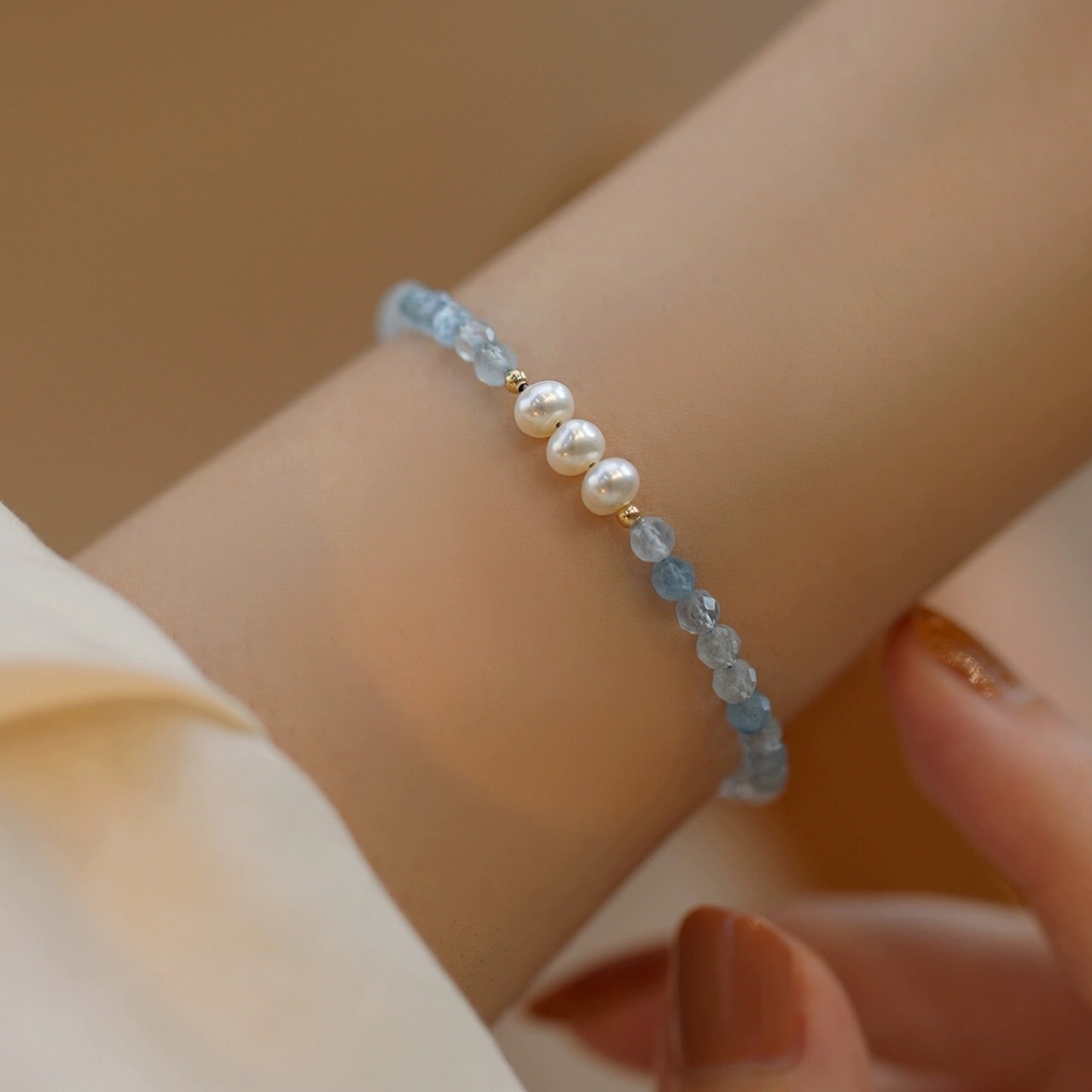 天然海蓝宝切面天然珍珠14k包金光泽感气质幸运小众轻奢手链-阿里巴巴