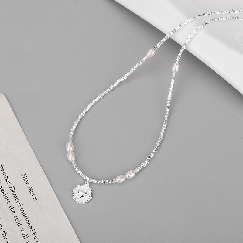 Caraini S925 Sterling Silver Broken Silver Pearl Necklace Broken Silver Several Two-Chain Pearl Peach Heart Small Pieces of Silver Necklace Wholesale