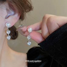 银针锆石心形珍珠流苏耳钉冷淡风时尚气质耳环百搭高级感耳饰批发