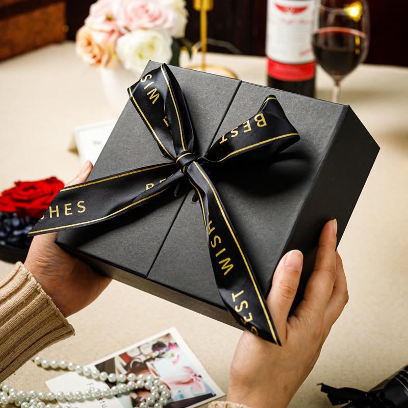 现货黑色丝带创意对双开门礼盒空盒口红香水生日精美礼物包装盒