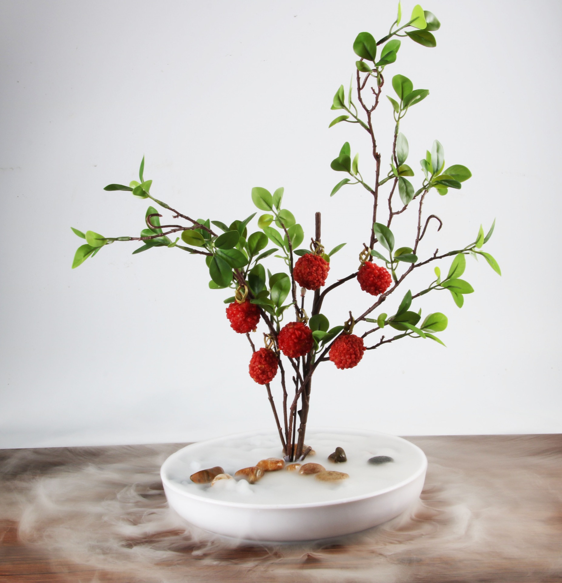 抖音网红虾球妃子笑荔枝餐具网红特色店仿真荔枝树形状干冰冒烟盘