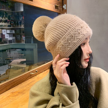 日系新款纯色针织兔毛套头帽女秋冬季加厚保暖护耳时尚毛线冷帽子