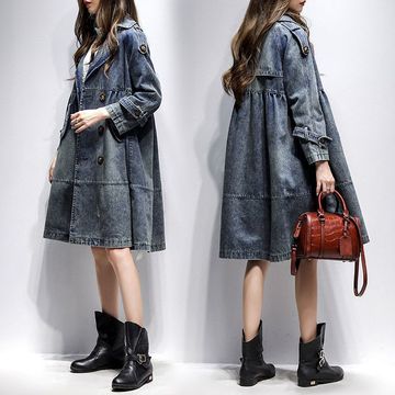 春秋减龄型显瘦中长款双排扣欧洲站时尚牛仔布风衣女装潮-阿里巴巴