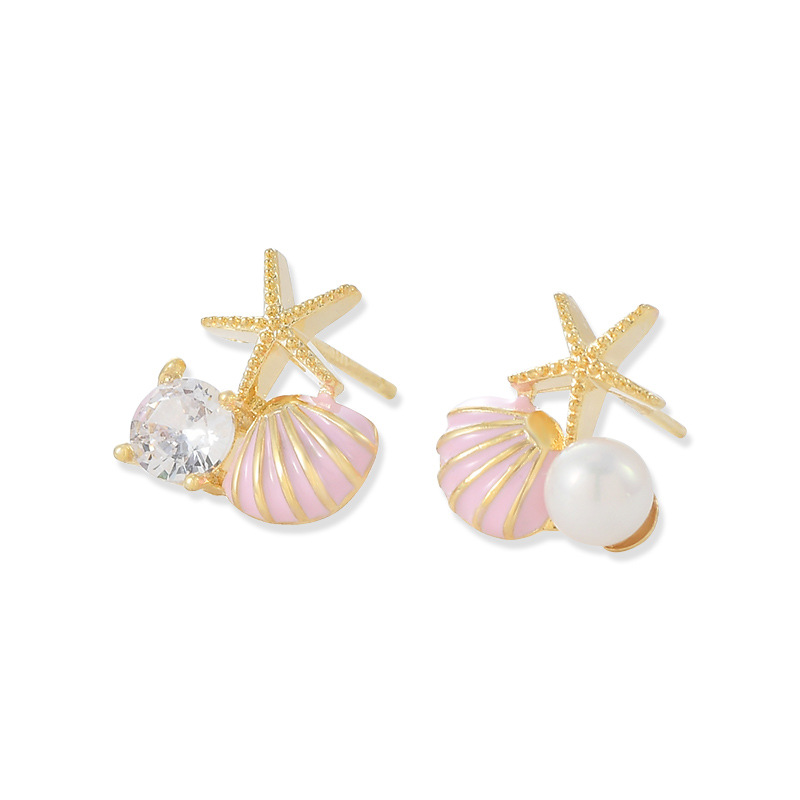 Sterling Silver Needle Niche Design Shell Starfish Stud Earrings Female Asymmetric Zircon Earrings Personality Pearl Trendy Earrings
