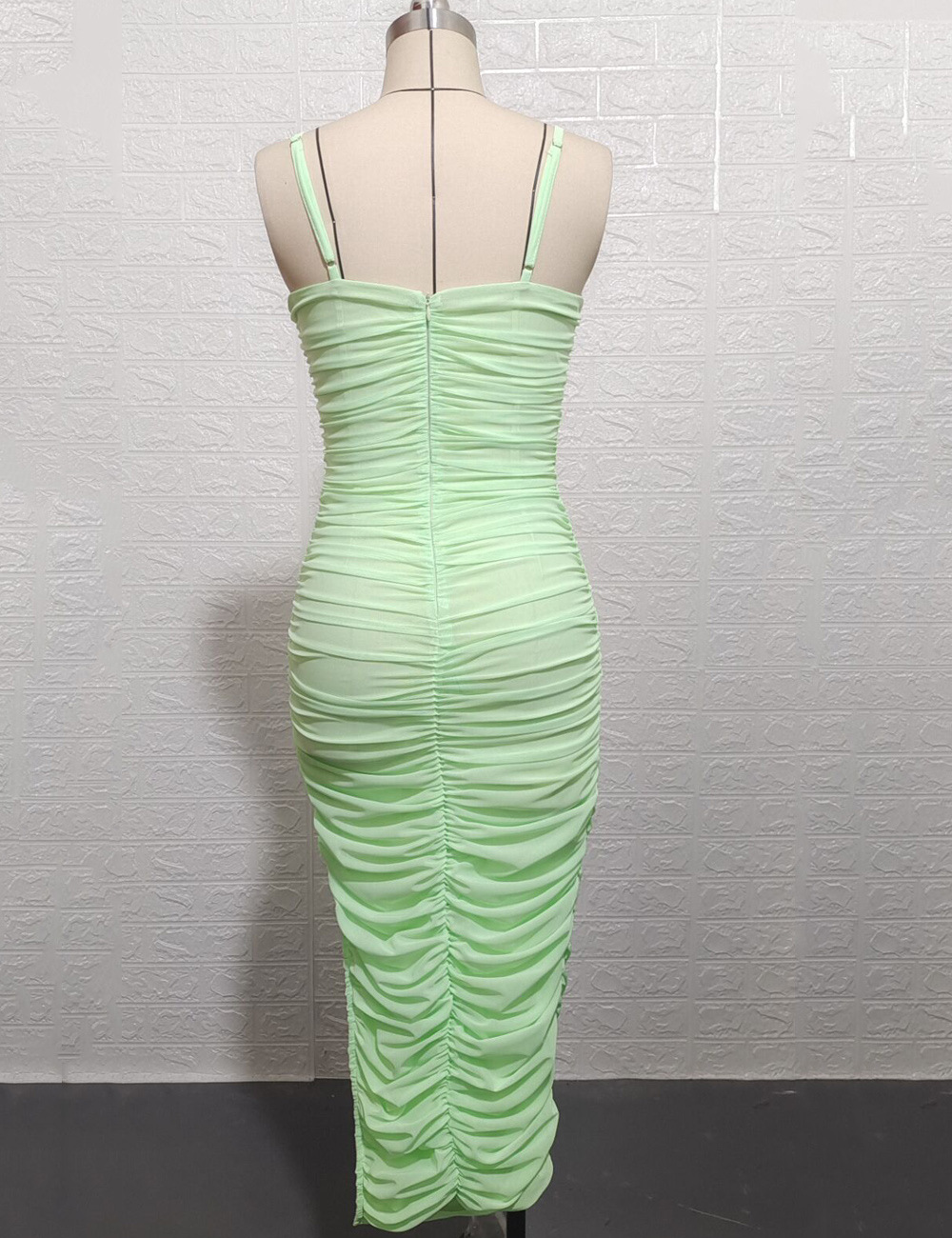 外贸新品欧美高端女装性感褶邹侧缝开叉裙裹胸修身包臀吊带连衣裙