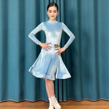 wumo舞莫新款拉丁舞服丝绒倒v领长袖女童比赛规定服标准赛服分体
