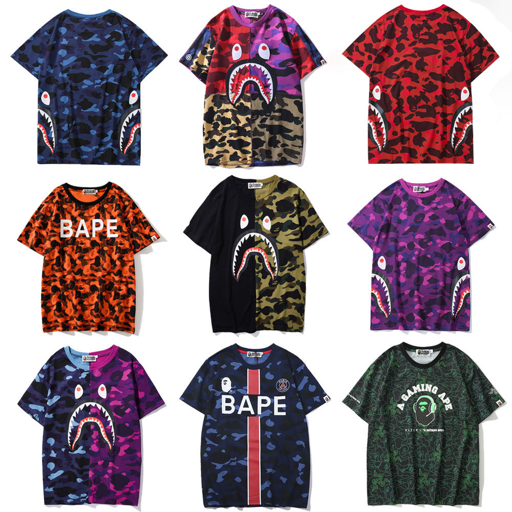 跨境电商潮牌bape鲨鱼头迷彩t恤3d数码印花宽松短袖成人儿童短袖