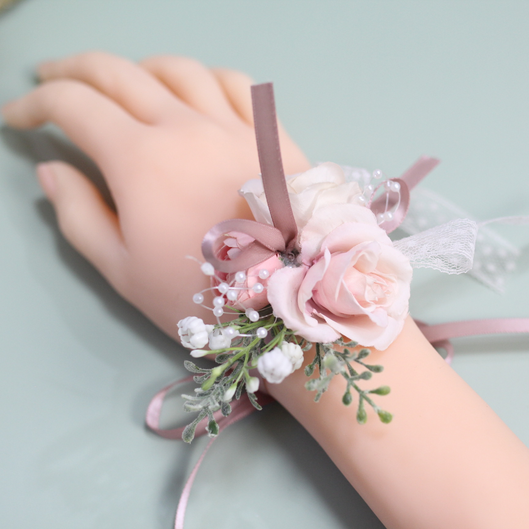 森系超仙 水彩粉色 新娘手腕花伴娘手环新郎襟花胸花婚礼外拍道具