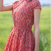 红色苎麻连衣裙女夏季2023女装新款收腰显瘦气质碎花裙子
