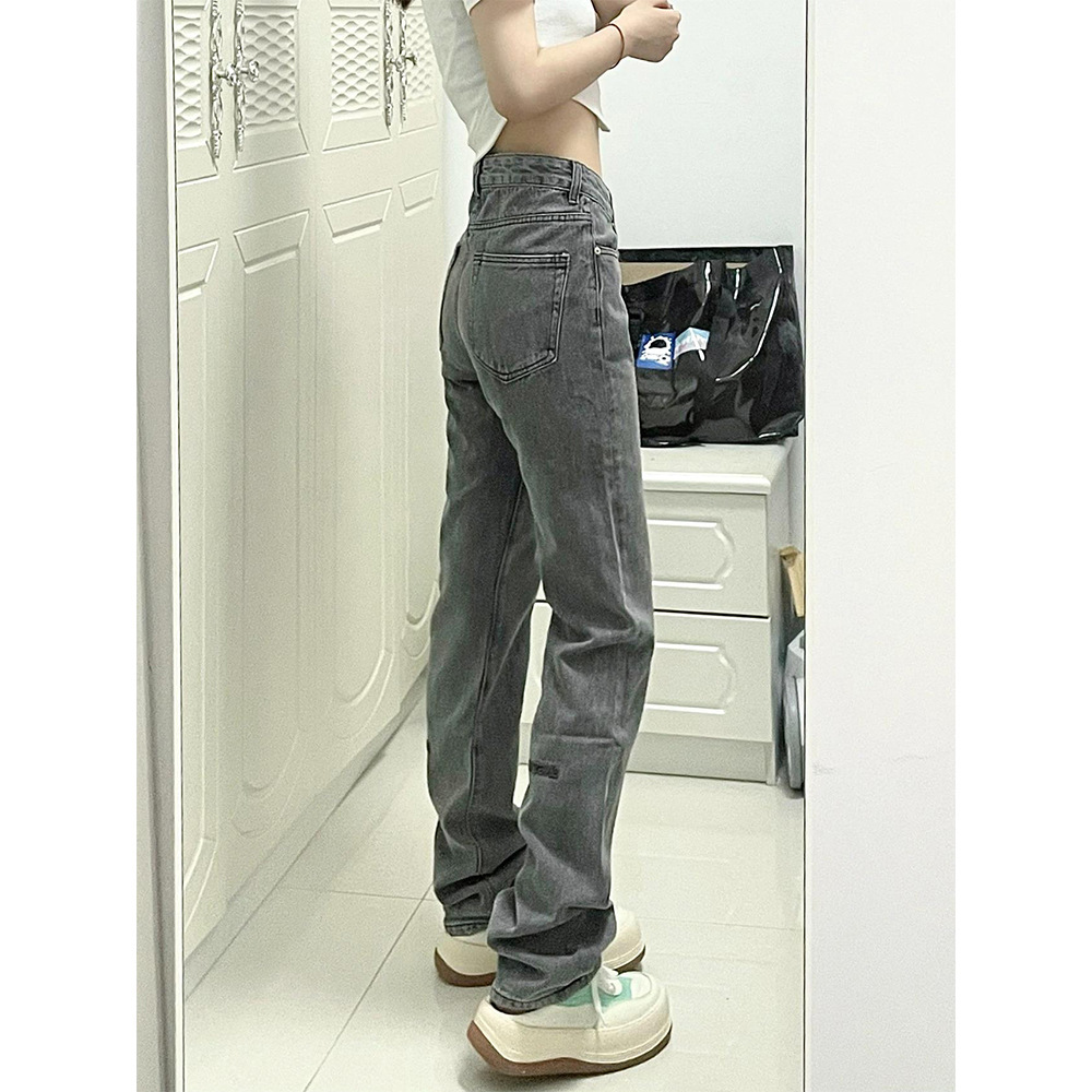   European and American Retro Smoky Gray Jeans Women's Autumn High Slimming and Straight Casual Mop Pants High Street Ins Fashion
