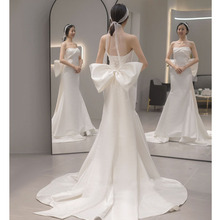 缎面抹胸轻婚纱2024新款白色简约小拖尾结婚登记气质鱼尾显瘦礼服