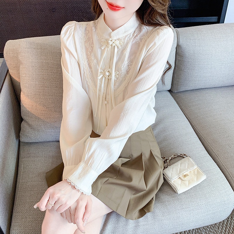 2024 early spring new chinese style embroidered buckle exquisite shirt gentle sweet all-match turtleneck top new