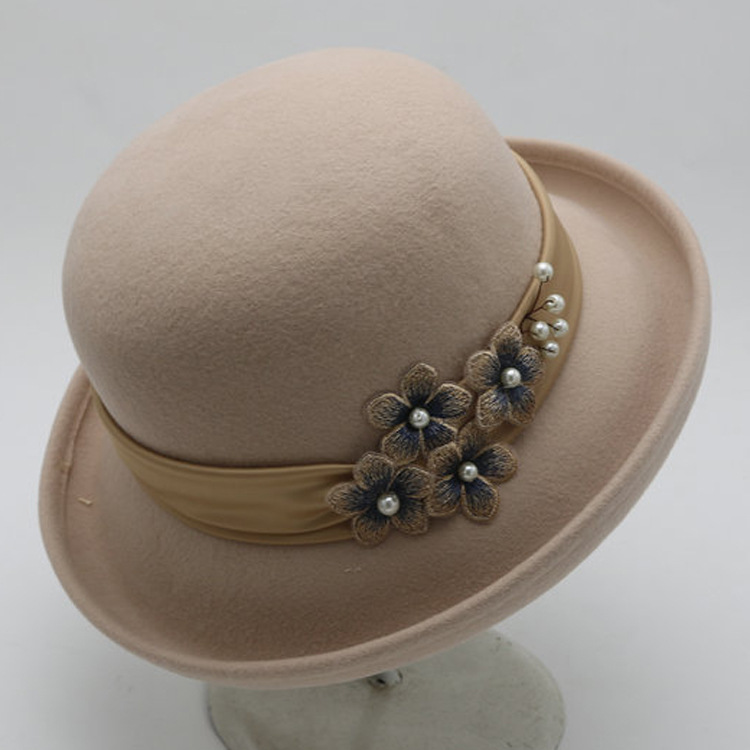 法式帽子女秋冬毛呢毡帽优雅卷边圆顶小礼帽羊毛渔夫帽女可爱花朵