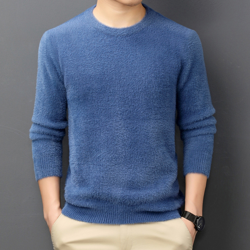 秋冬仿貂绒男装时尚圆领毛衣加厚针织衫男士仿水貂厚款毛衫上衣潮