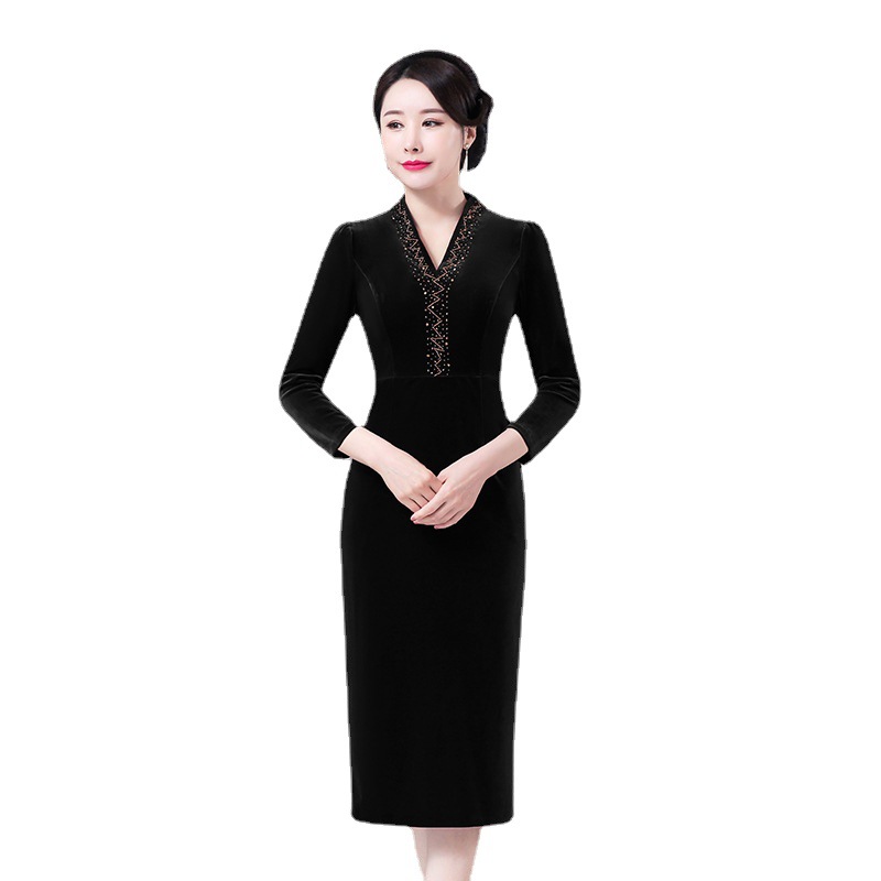 深圳品牌加绒婚庆连衣裙2021冬季宴会礼服女加厚喜婆婆妈妈装批发