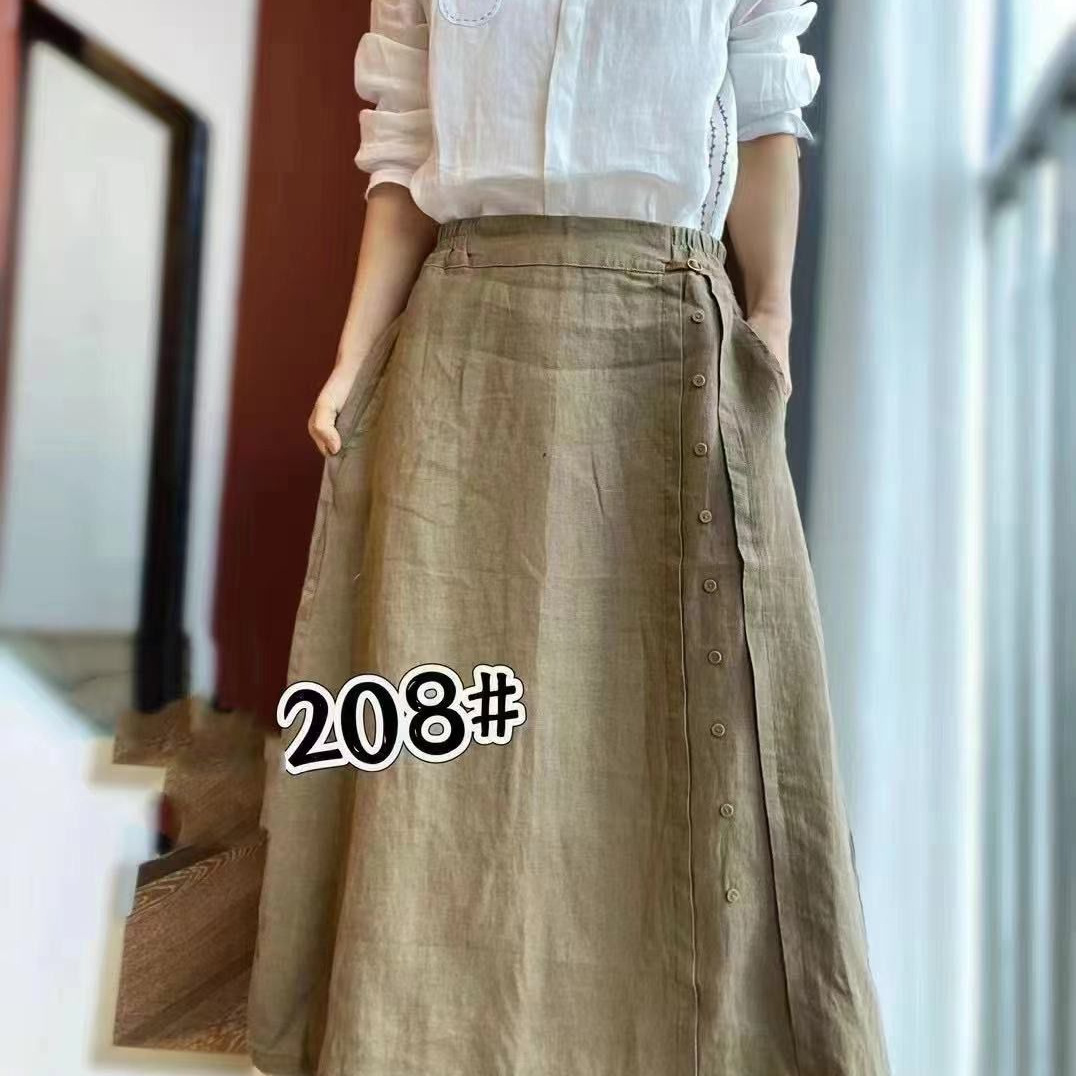新品休闲复古亚麻半身裙长裙宽松裙子-阿里巴巴