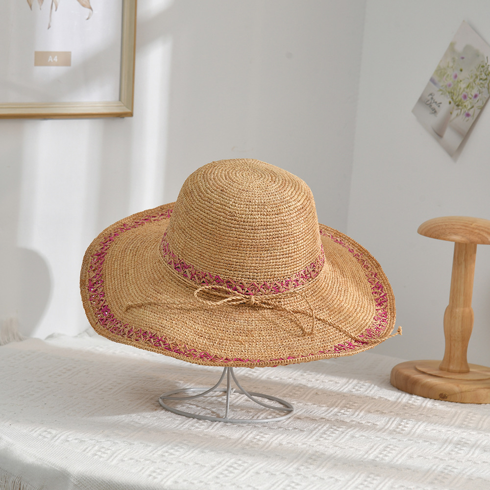 Spring and Summer New Hand-Knitted Double-Layer Brushed Edge Raffia Fedora Hat Outdoor Sun Protection Sunshade Beach Lafite Straw Hat