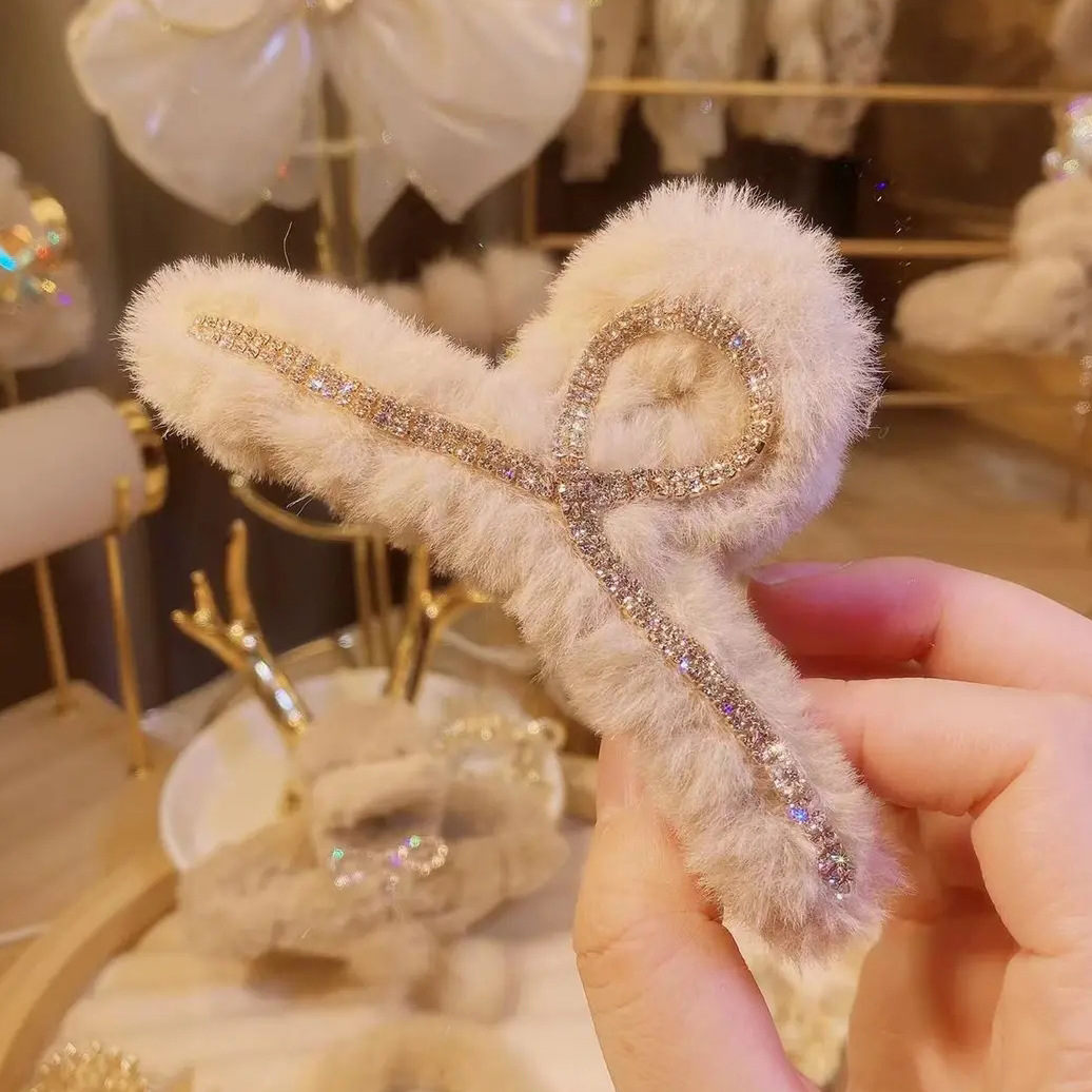 韩版双排爪镶水钻毛绒抓夹镶钻冬季大号鲨鱼夹毛毛后脑勺夹碎发夹