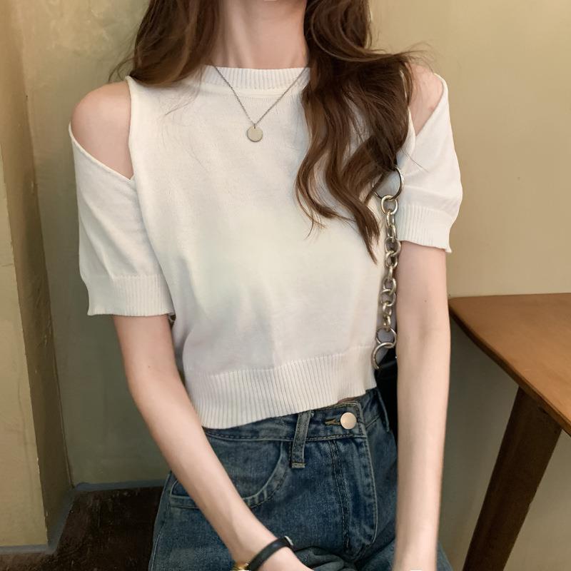2021新款夏季网红露肩小心机上衣短款宽松黑色针织短袖t恤女ins潮