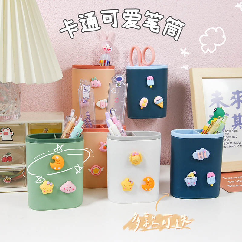 Cute Cartoon DIY No Punching on Walls Storage Box Student Stationery Desktop Organizing Pen Holder Makeup Brush Storage Tube