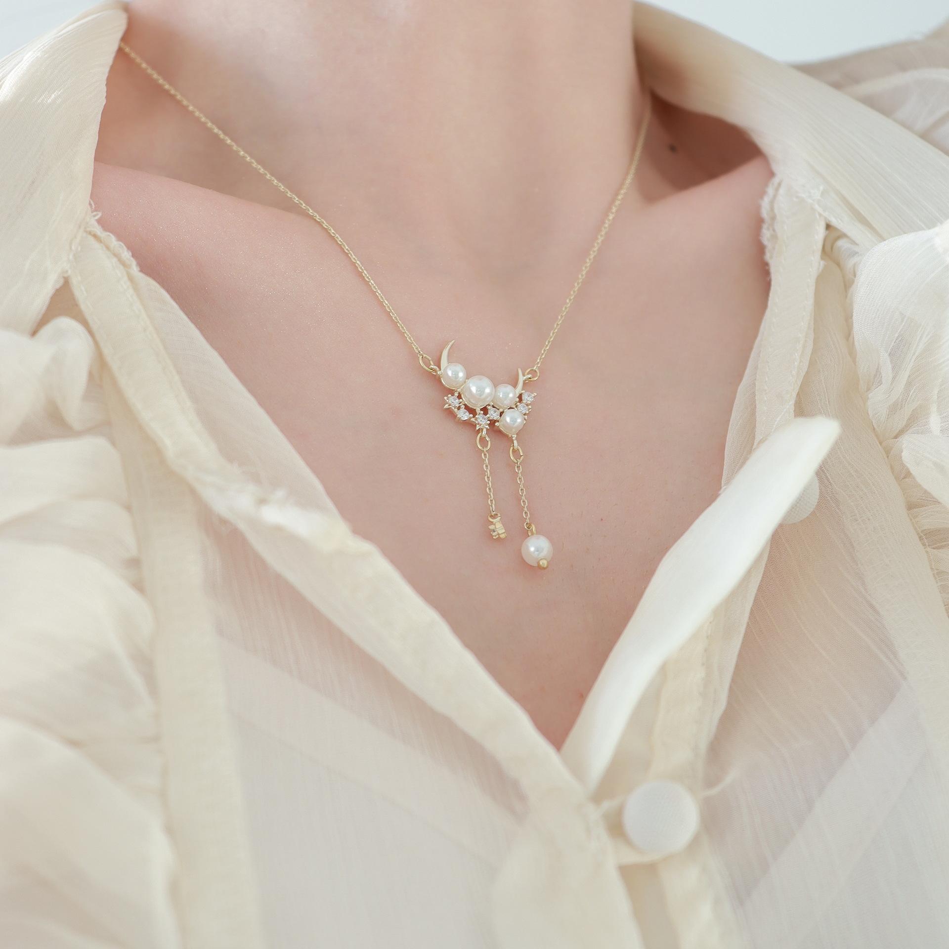 星星月亮珍珠流苏项链女小众设计感温柔仙女风细链金色轻奢锁骨链