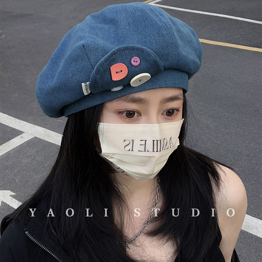 尊宿蓝色牛仔彩色纽扣贝雷帽子女韩版设计大头围显脸小