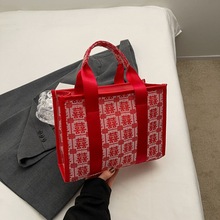 包包女2024冬季新款撞色托特包休闲红色手提包刺绣女包质感金婚包