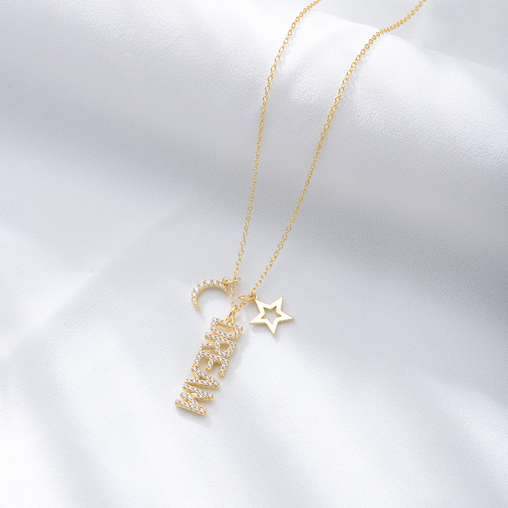 s925银英文字母dream镶钻项链欧美饰品女月亮星星吊坠锆石锁骨链
