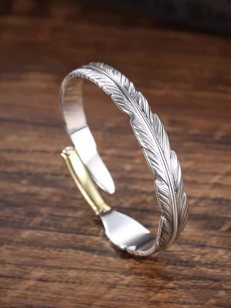 999足银羽毛手镯男潮复古高桥吾郎开口纯银情侣手环银镯子送男友
