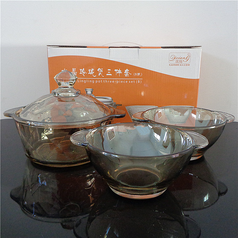 Amber Glass Bowl Three-Piece Suit Binaural Crystal Pot Household Eating Bowl Pot Five-Piece Set Jewelry Store Celebration Activity