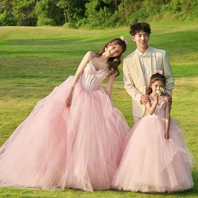 儿童礼服亲子装影楼拍照粉色主题套装拍摄时装全家福写真摄影服装