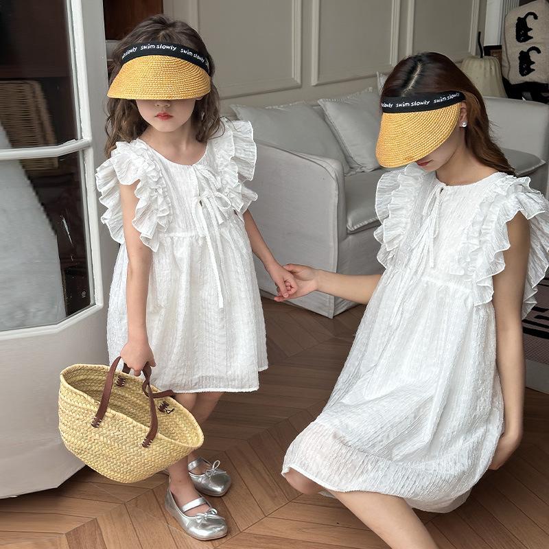 韩版亲子装夏季连衣裙网红母女装中小童女孩条纹小飞袖长裙代发潮