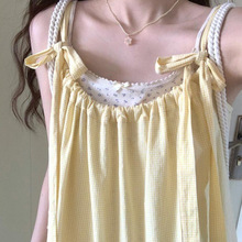 甜美可爱设计感黄色格子拼接抽绳口袋显瘦吊带连衣裙女