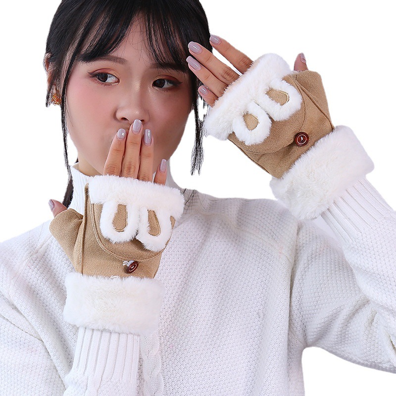半指手套冬季加绒加厚保暖麂皮绒手套女可爱卡通兔子学生翻盖手套