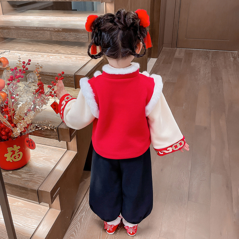 Children's Han Chinese Costume Girls New Year Clothes Fleece-lined Thickened Fashion Baby Chinese Style Tang Suit Wedding Clothes Autumn and Winter Suit