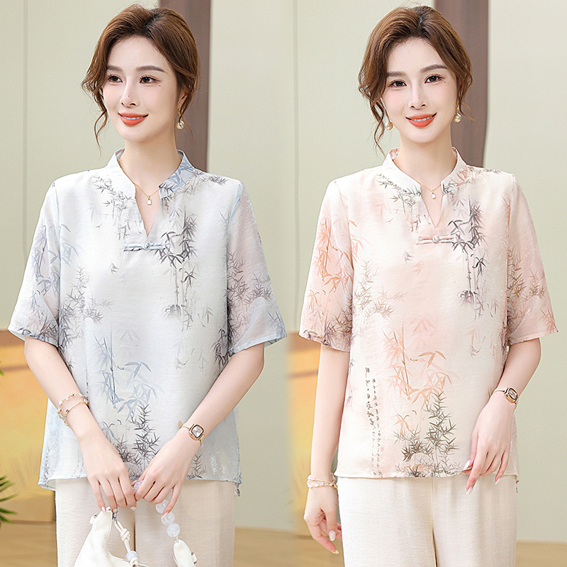 母亲节礼物衣服妈妈夏装国风雪纺小衫中老年女装衬衫短袖夏季上衣