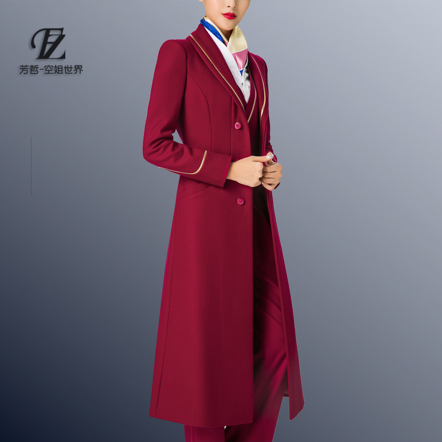 南航空姐制服款毛呢外套酒店前台呢子大衣玫红色超长过膝款冬装女