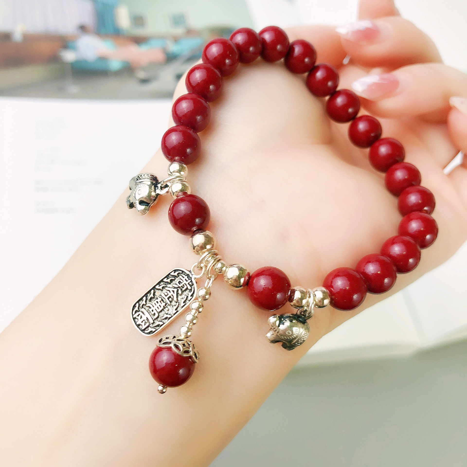 朱砂手链单圈中国风925银大象象神中国红项链颈链套装手串饰品