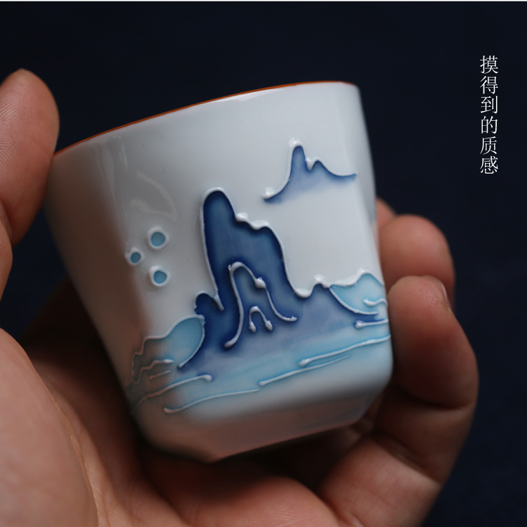 如合 天圆地方杯纯手工浮雕彩绘釉下彩暖手杯主人杯中式家用茶具