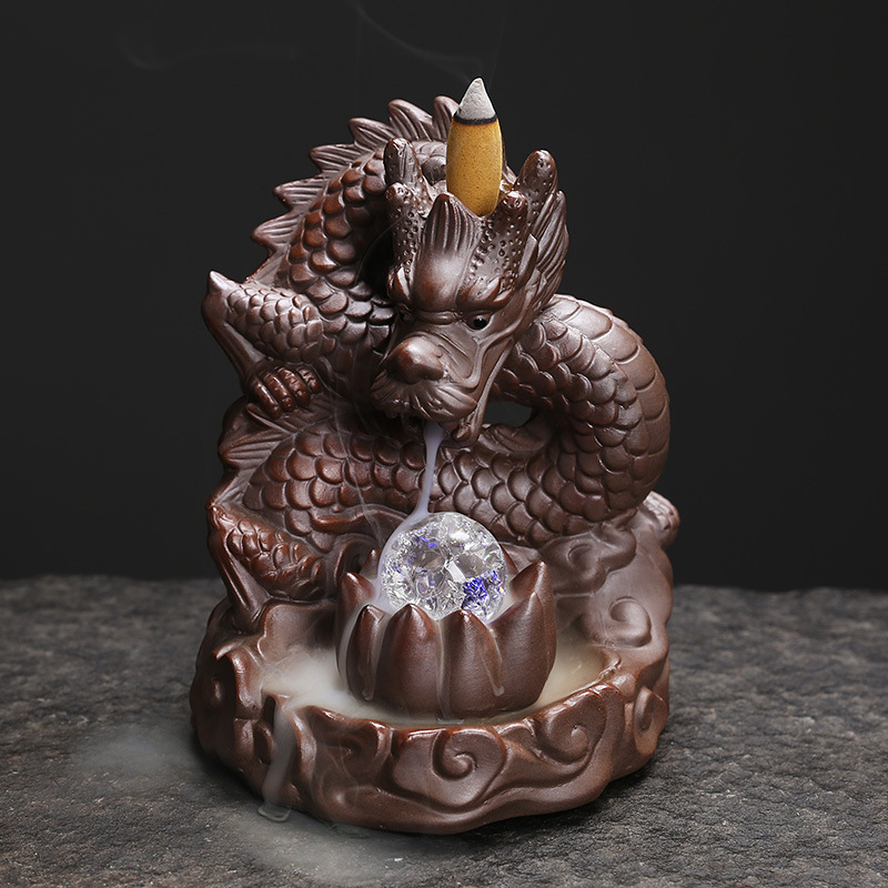 跨境回流香炉家居摆件led中国龙瀑布黑釉紫砂香薰炉香座倒流香炉